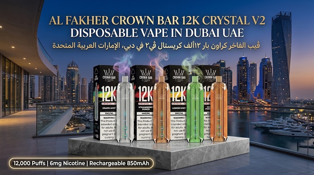 make an image for blog post "Al Fakher Crown Bar 12K Crystal V2 Disposable Vape in Dubai UAE"